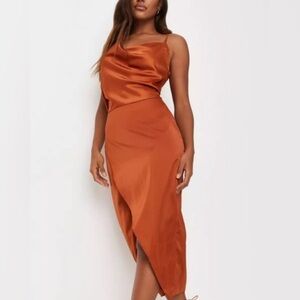 Missguided Orange Satin Midi Dress